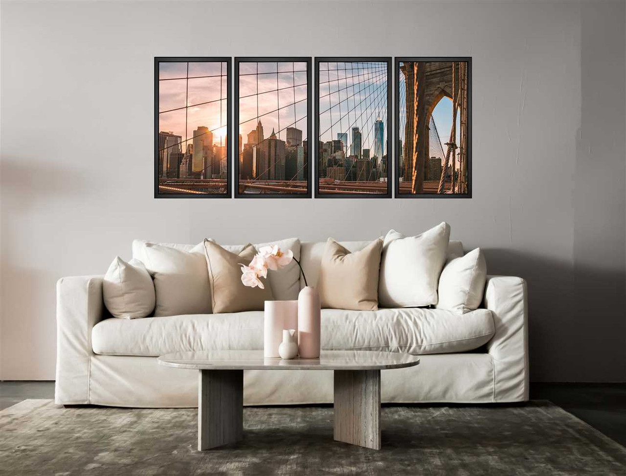 Colton Duke, Brooklyn Bridge, EFX, EFX Gallery, art, photography, giclée, prints, picture frames, Brooklyn Bridge 36" multi-frame 4 section in living area